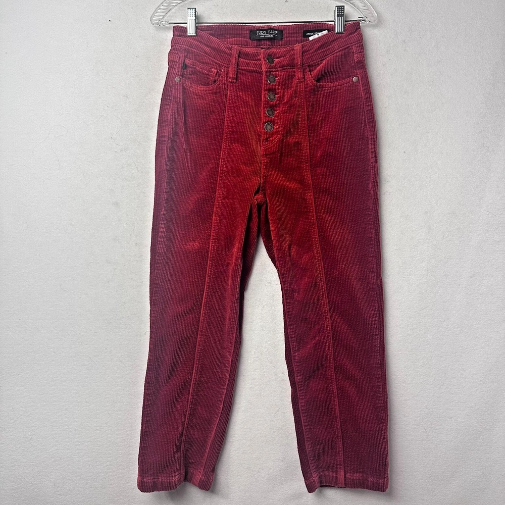 Judy Blue Red Corduroy Ankle Straight Pants High Rise Button Fly 7/28 JB88516